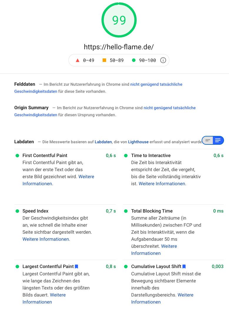 PageSpeed-Insights-Bericht für hello-flame.de mit einem Leistungswert von 99