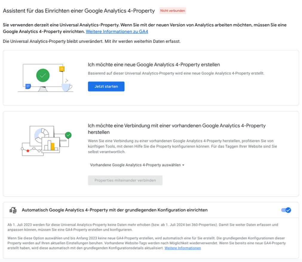 Einrichtungsassistent mit der Auswahl, eine neue GA4-Property zu erstellen oder eine bestehende zu verknüpfen