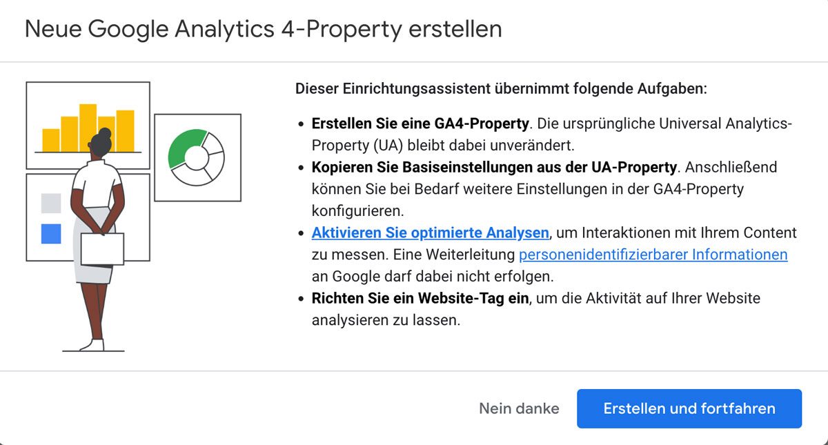 Hinweisfenster zum Erstellen einer neuen Google-Analytics-4-Property mit der Schaltfläche „Erstellen und fortfahren“