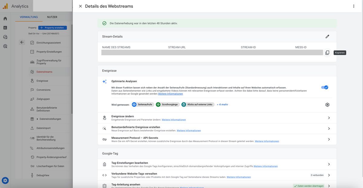 Details des Datenstreams in Google Analytics 4 mit den Einstellungen zur Tag-Einrichtung