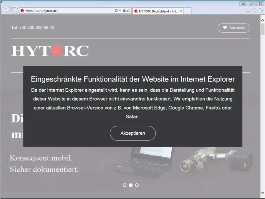 Website im Internet Explorer mit einem Hinweis auf eingeschränkte Funktionalität